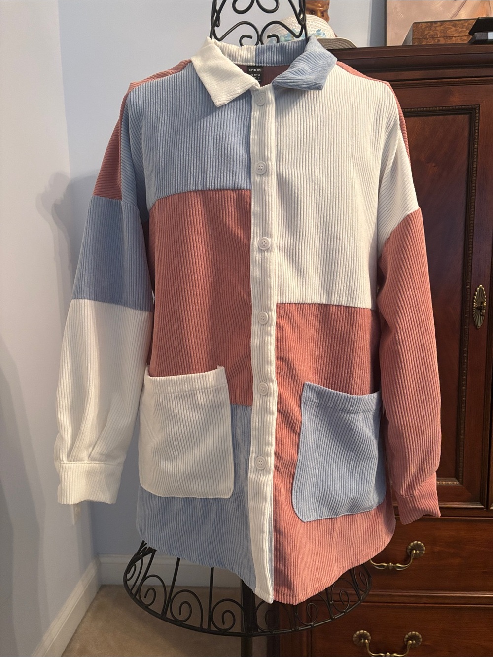 SHEIN Corduroy Patchwork Button-Up Jacket in Dusty Blue, Blush, Cream